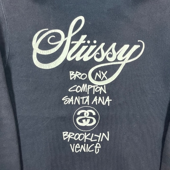 Stussy World Tour Logo Hoodie Mens Large Faded Black Sweatshirt 0965 - Picture 4 of 9